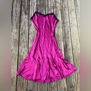 Vintage 90s Fuchsia & Black Lace Full Length Ruffle Slip Dress